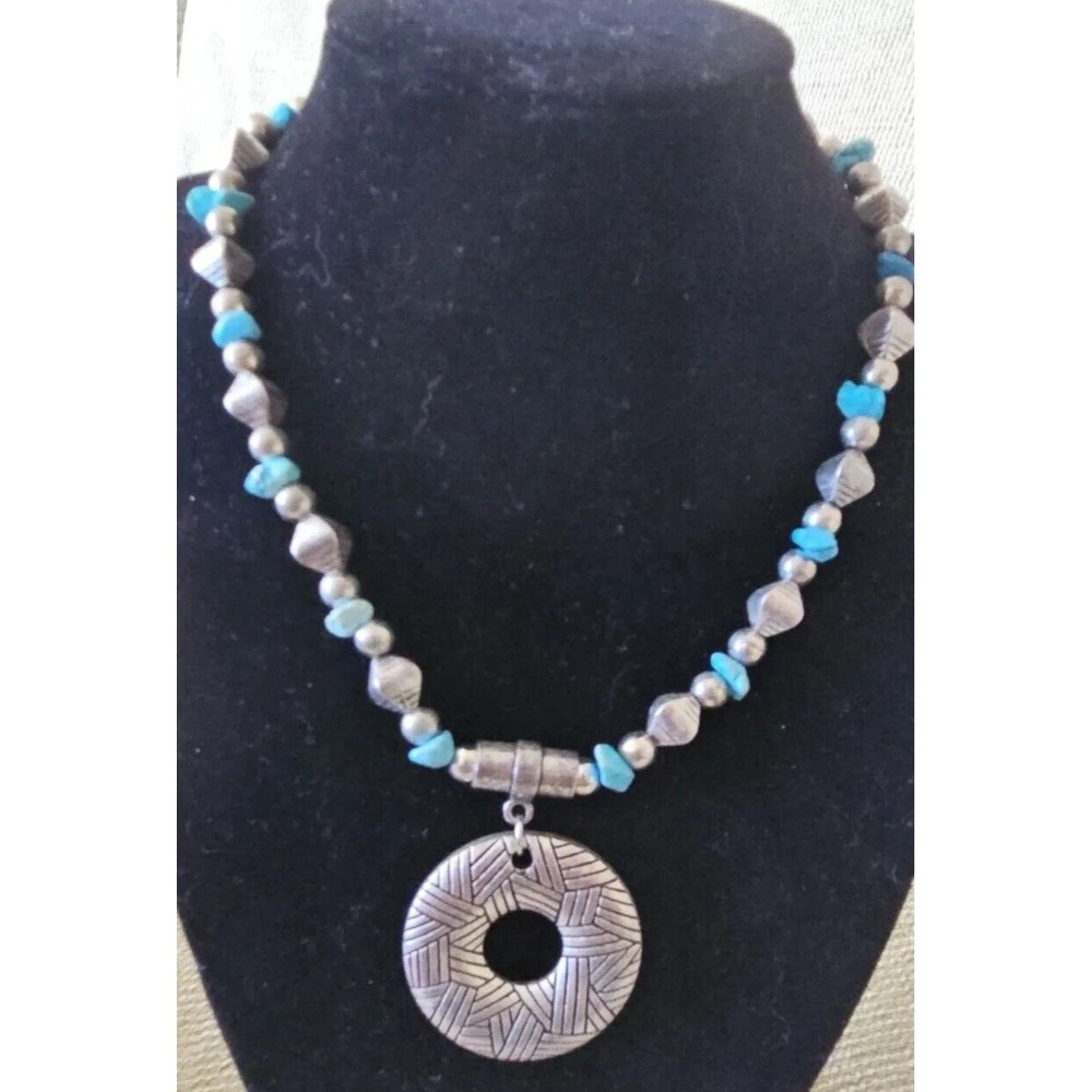 CHUNKY Signed Chicos Textured Medallion Necklace Turquoise & Silver Bead Western